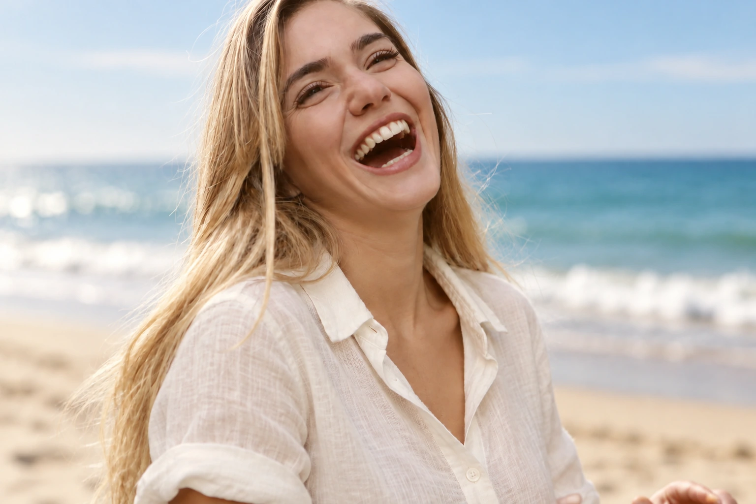Woman laughing at the beach in a light linen blouse